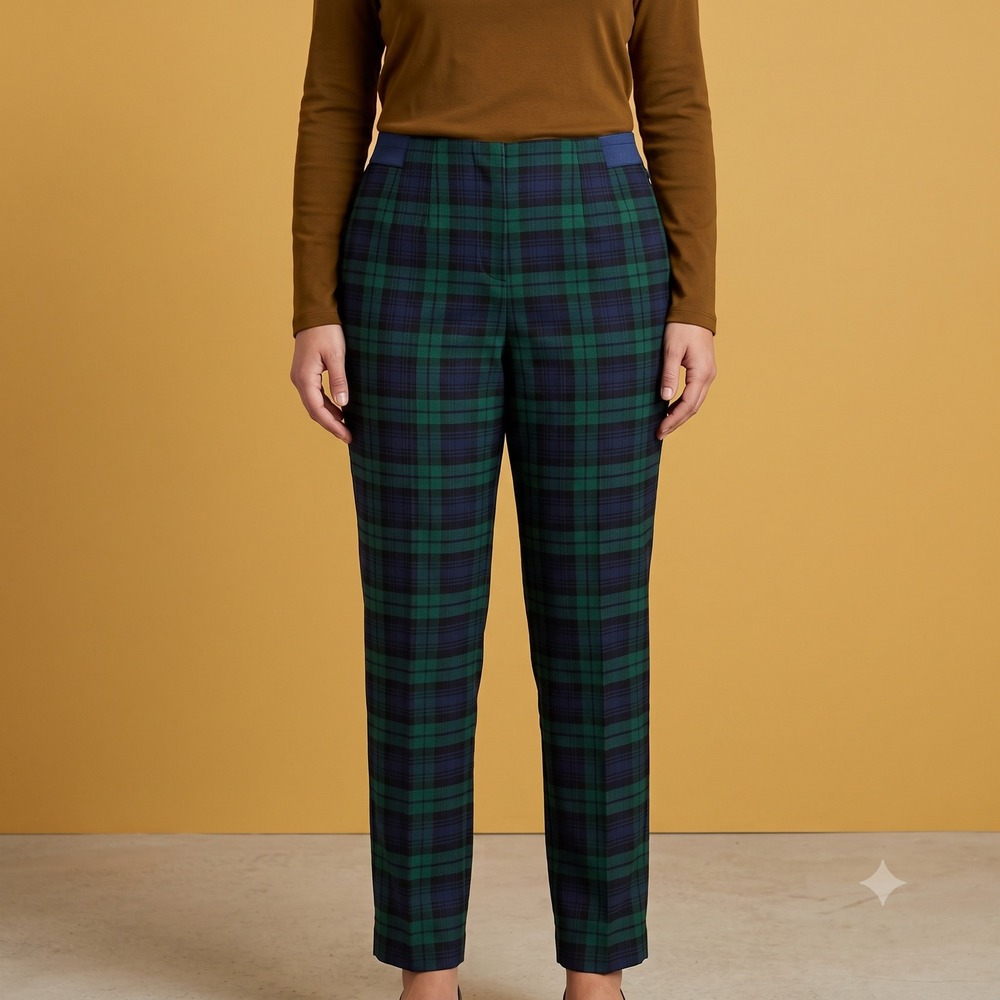 CHAPS Black Watch Plaid Ankle Pants Women's 8 Green Blue Tartan Side Zip EUC